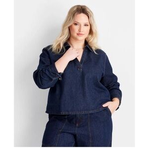 Women’s long sleeve popover denim top , size medium , loose fit, dark wash denim